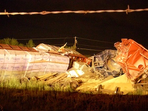 Derailed train cars.