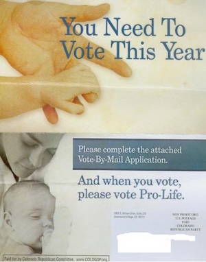 A political flyer states, When you vote, please vote pro-life.