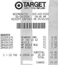 Target receipt, totaling $19.20, for oil, a whole turkey, powdered chocolate, milk, and eggs.
