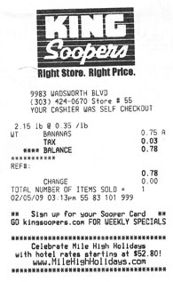 King Soopers receipt for $0.78 for bananas.