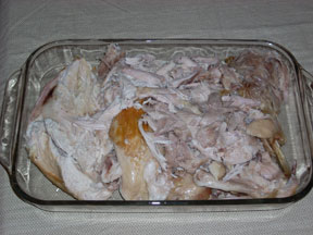 Cooked turkey in a 9 by 13 inch pan.