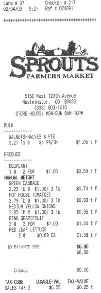 Sprouts receipt, totaling $6.80, for walnuts, an eggplant, cabbage, tomatoes, onions, grapefruit, and lettuce.