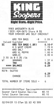 King Soopers receipt, totaling $6.29, for tea bags, whip cream, salt, pepper, garlic, and bananas.