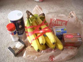 Tea bags, whip cream, salt, pepper, garlic, and bananas.