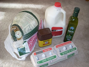 Oil, a whole turkey, powdered chocolate, milk, and eggs.