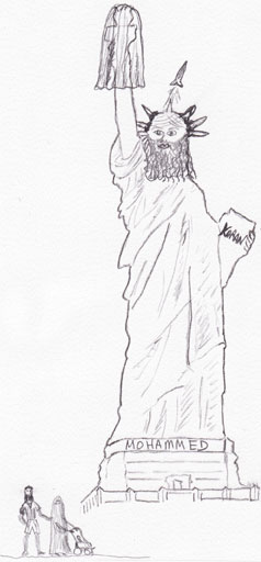 An image of a bearded man in place of the Statue of Liberty, with a sign reading Mohammed, the text Koran over a book, a shroud over the liberty torch, and a missile launching from the man's head.