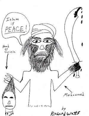A drawing of a bearded man holding a head, reading Islam is peace, head of critic.