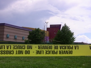 Aurora theater with police tape in front.