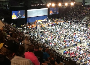 Ted Cruz speaks before a large convention crowd.
