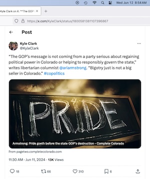 Kyle Clark Tweets a link to Ari Armstrong's article about the state GOP's anti-LGBTQ bigotry.