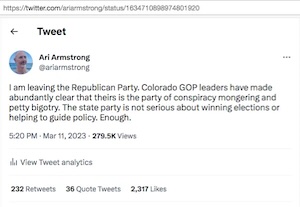 Ari's Tweet of March 11, 2023, announcing he's leaving the Republican Party.