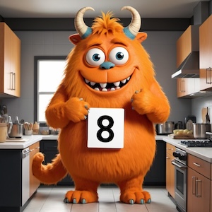 A friendly, orange, furry monster holds a sign with the number 8.