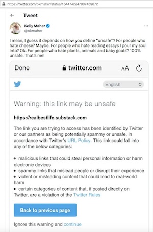 Twitter marks one of Kelly Maher's Tweets linking to a Substack article about goats as unsafe.