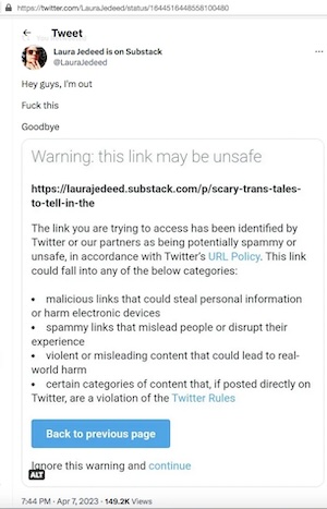 After Twitter marked one of her Tweets as unsafe for linking to a Substack article, Laura Jedeed announces she's leaving Twitter.