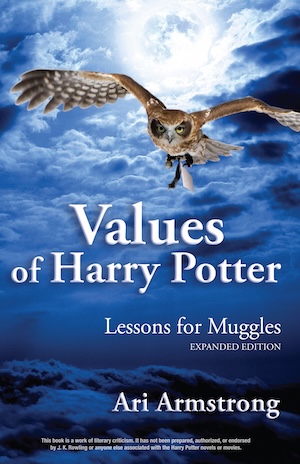 Cover of Ari Armstrong's Values of Harry Potter, showing an owl delivering a message by moonlight.