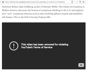 Image shows that YouTube removed a video featuring historian Robert Alan Goldberg.